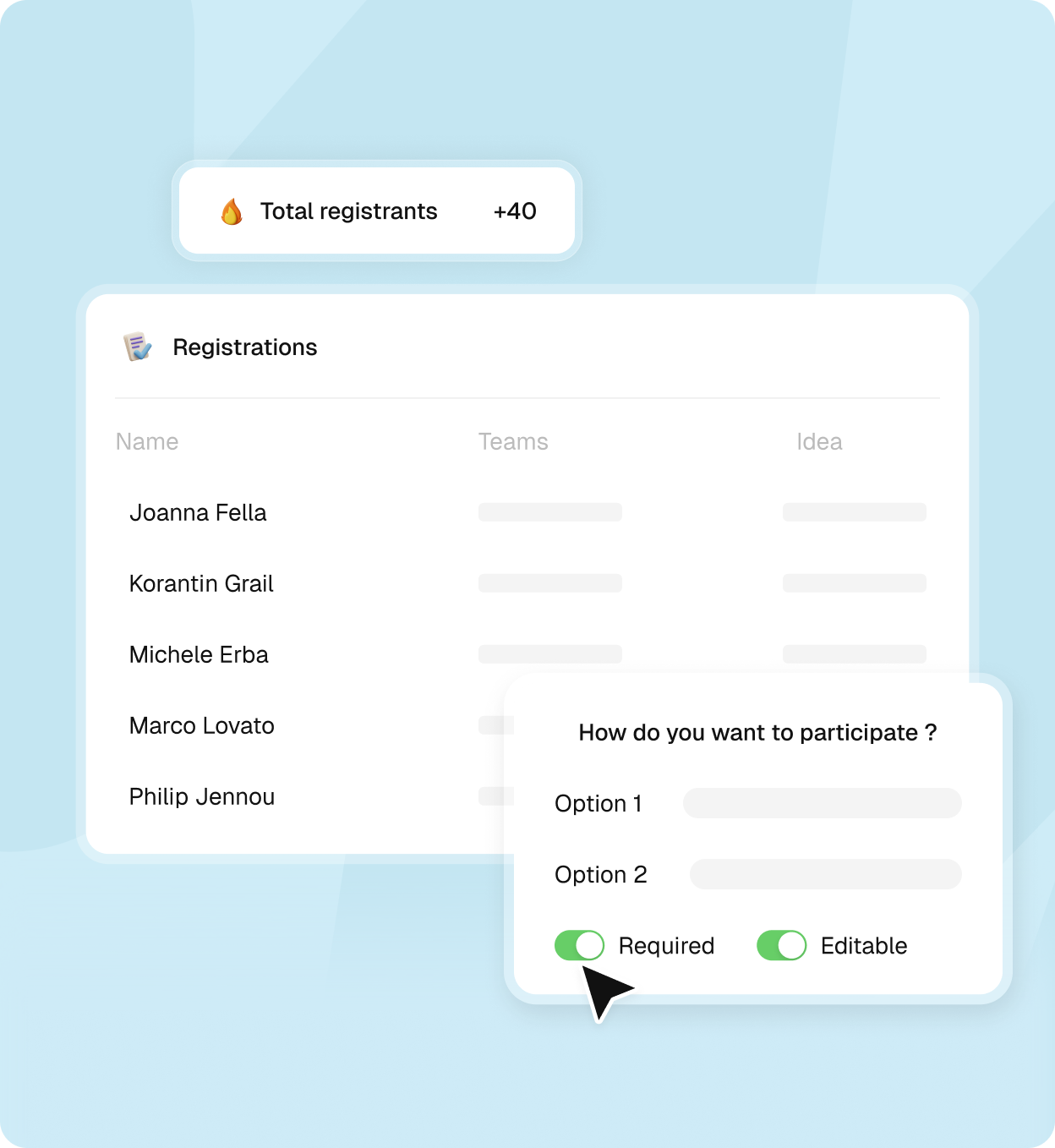 Registrations table with a customizable registration question form