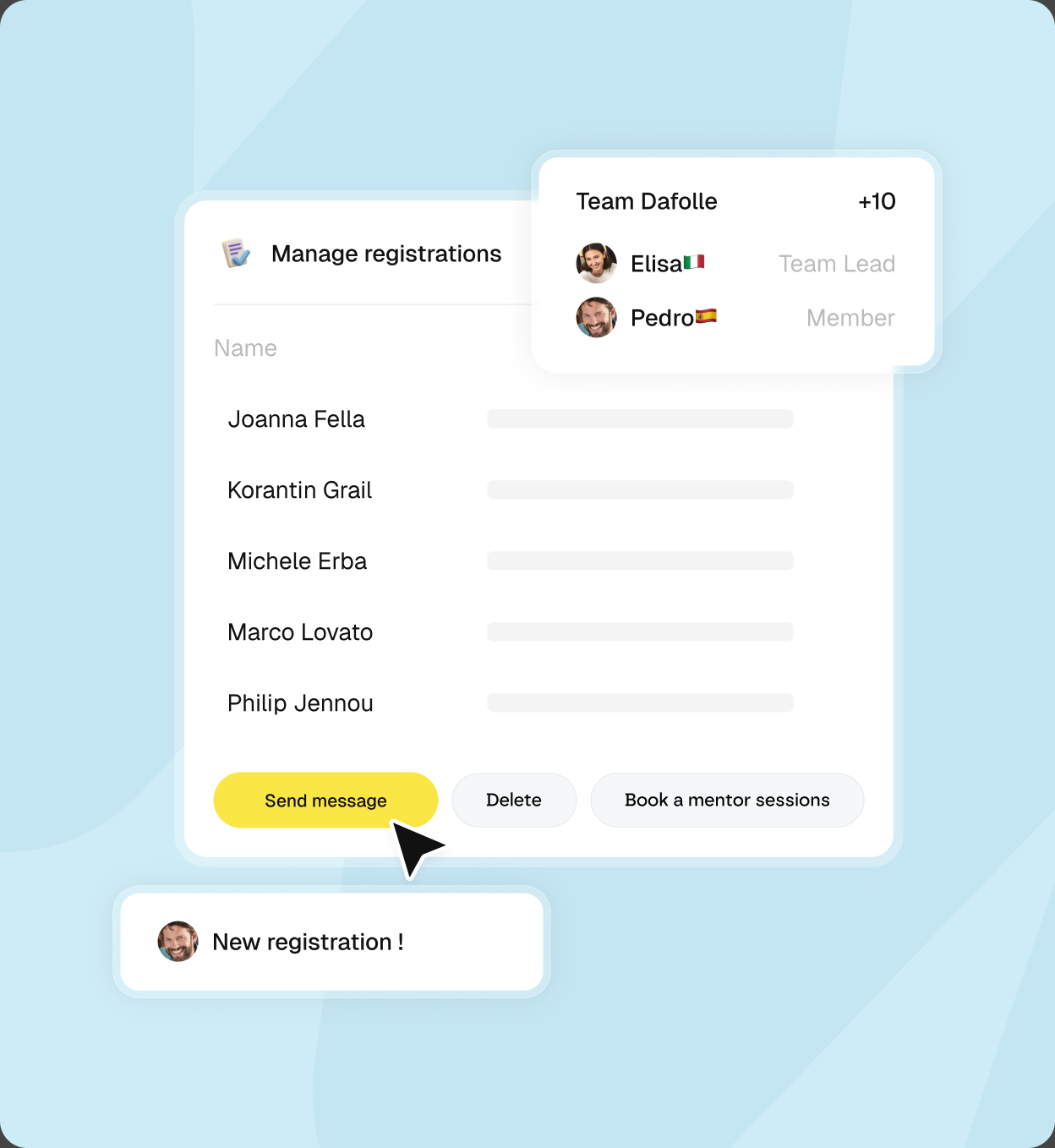 Registration management screen listing participants, with a team card and a new registration notification
