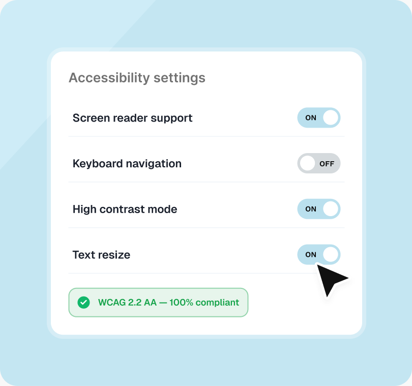 Accessibility settings with screen reader support, keyboard navigation and a WCAG 2.2 AA compliant badge