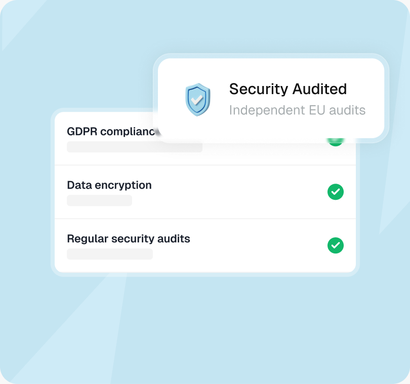 Security audited badge above a checklist of GDPR compliance, data encryption and regular security audits