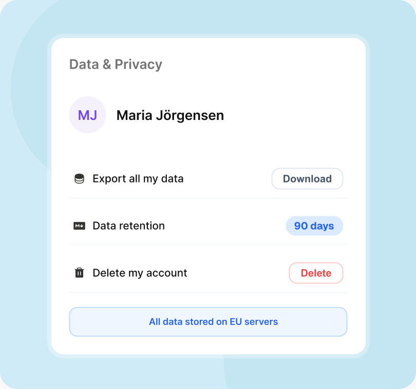 Data and privacy settings with export, retention and deletion tools and a notice that all data is stored on EU servers
