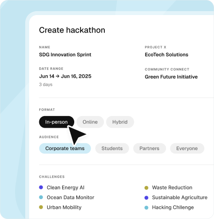 Create hackathon screen in the Eventornado platform, showing format, audience and challenge settings